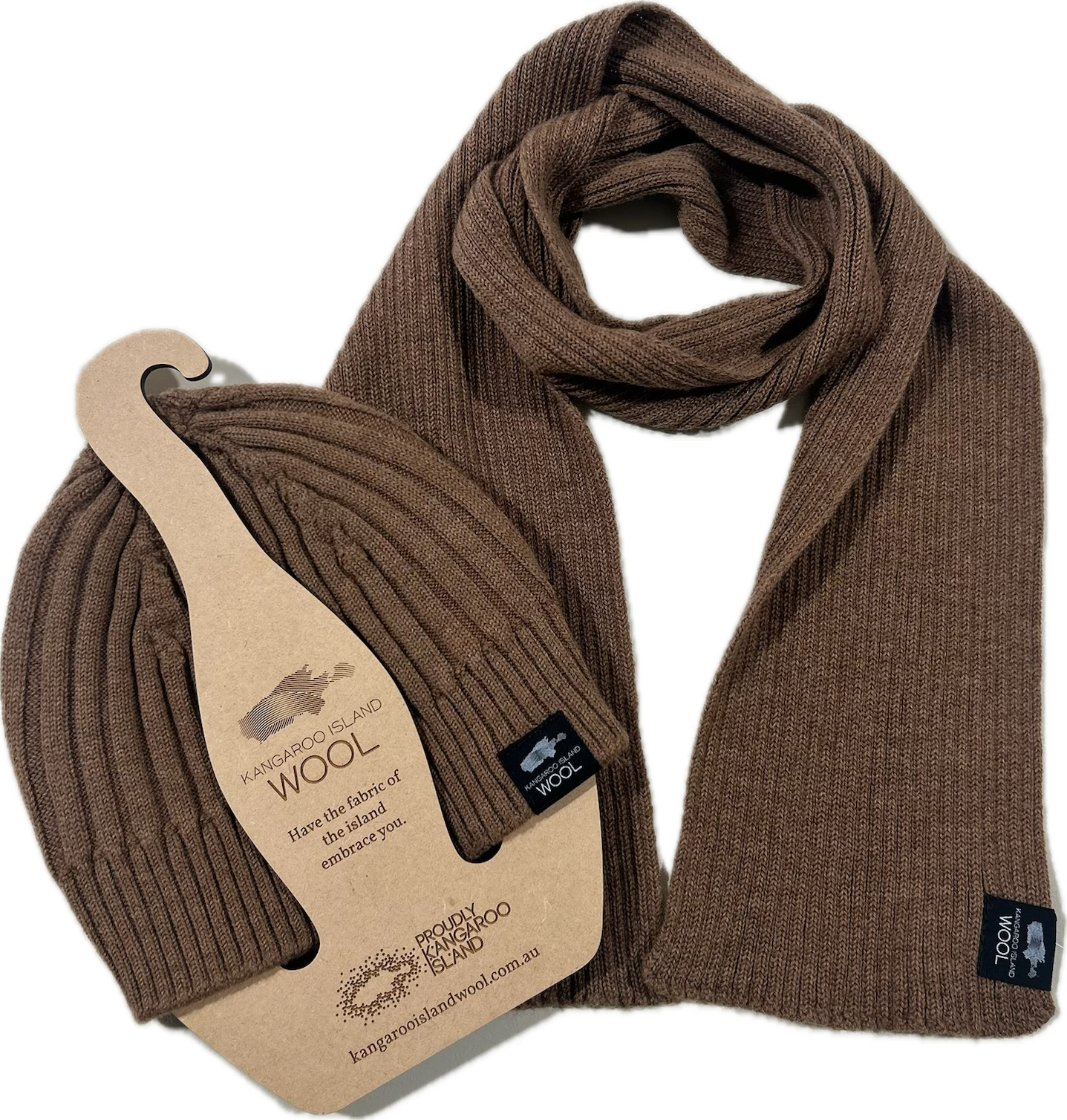 Kangaroo Island Wool Tisby Scarf and Willson Rib Beanie in Bark