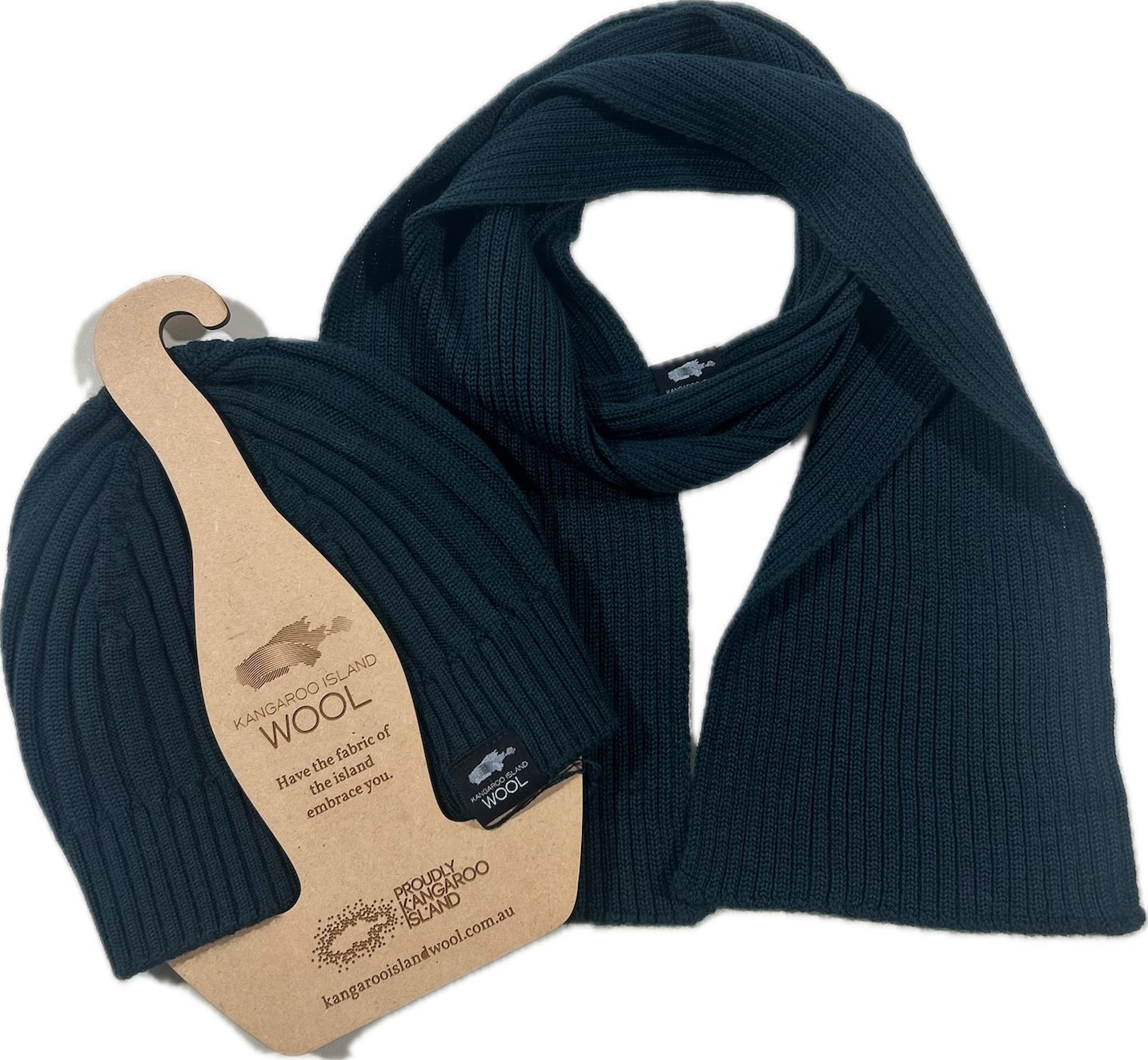 Kangaroo Island Wool Tisby Scarf and Willson Rib Beanie in Teal