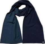 Navy blue and teal checkered/windowpane scarf on a white background